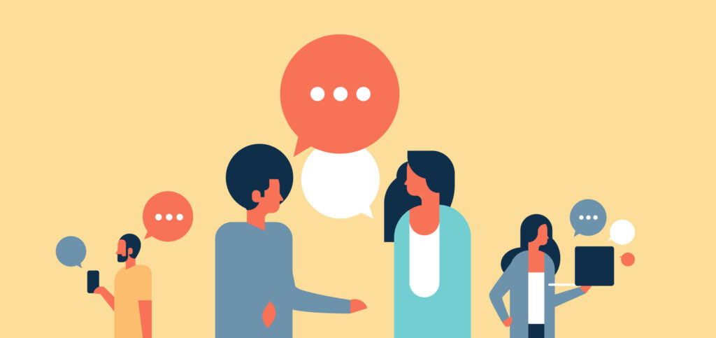 four animated people talking with chat bubbles