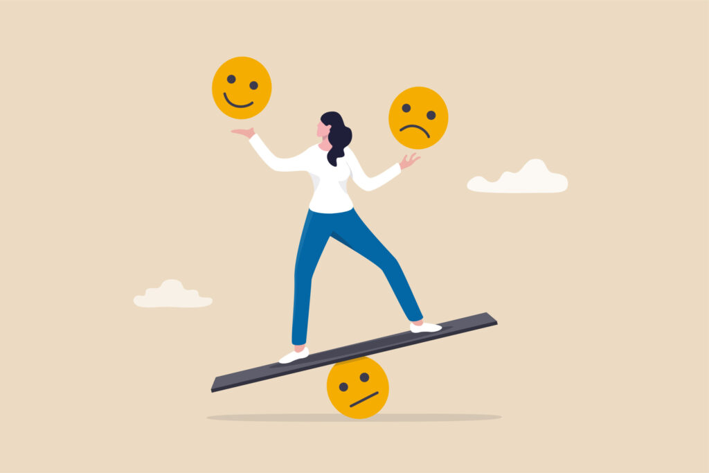 animated female on a seesaw balancing a happy face and sad face